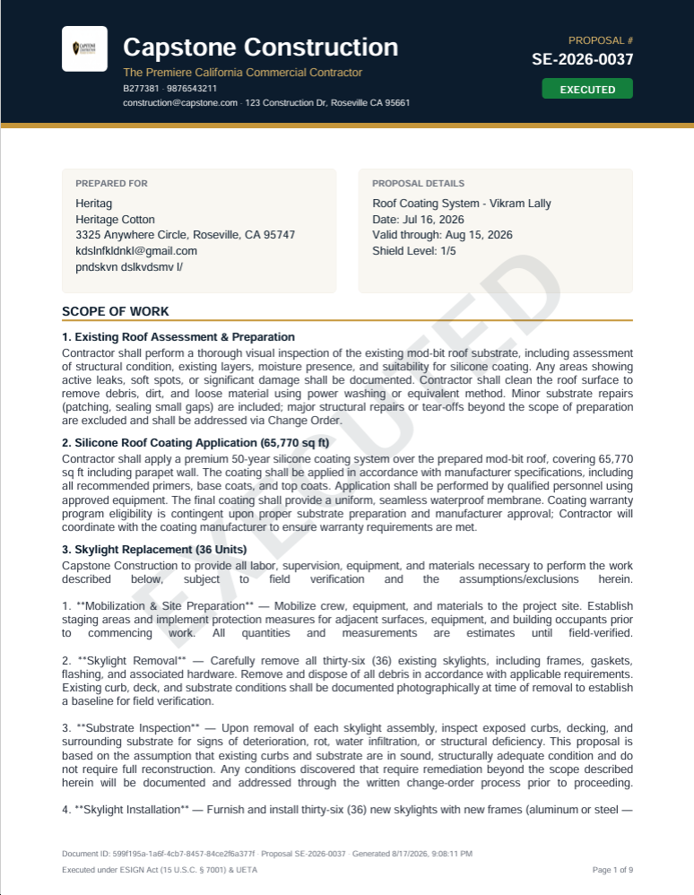 Example ScopeEngine proposal for Capstone Construction — roof coating system, marked executed